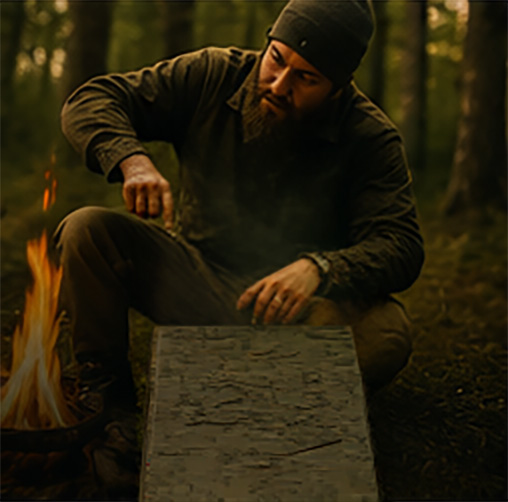 A practitioner studying by a campfire in the forest